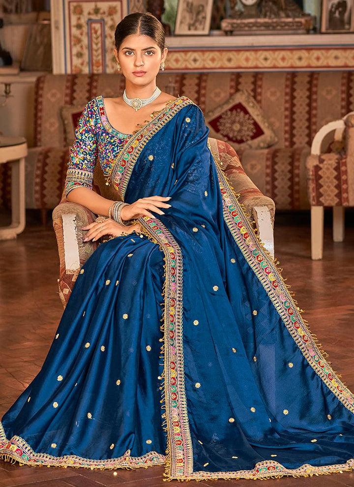 Thread Work Blue Organza Saree  - By Kreeva