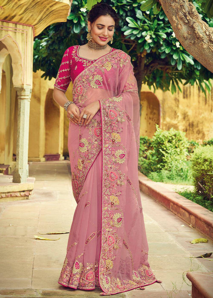 Thulian Pink Designer Organza Saree with Intricate Embroidery work | Stitched Blouse - qivii