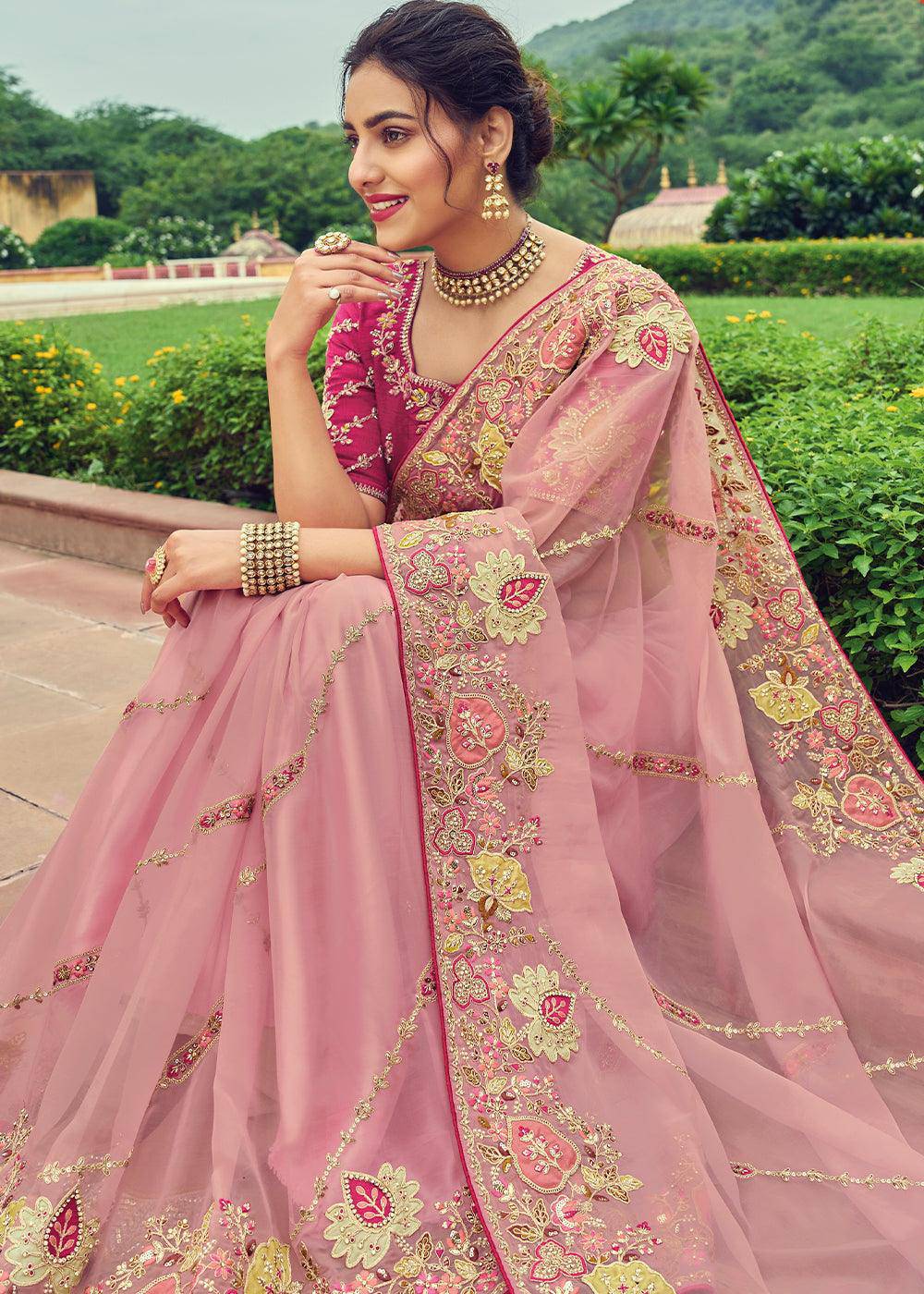 Thulian Pink Designer Organza Saree with Intricate Embroidery work | Stitched Blouse - qivii