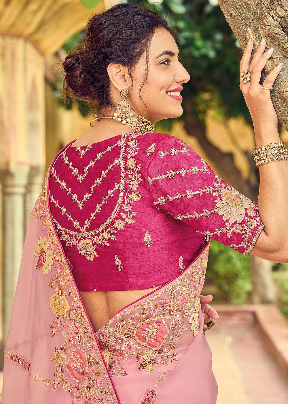 Thulian Pink Designer Organza Saree with Intricate Embroidery work | Stitched Blouse - qivii