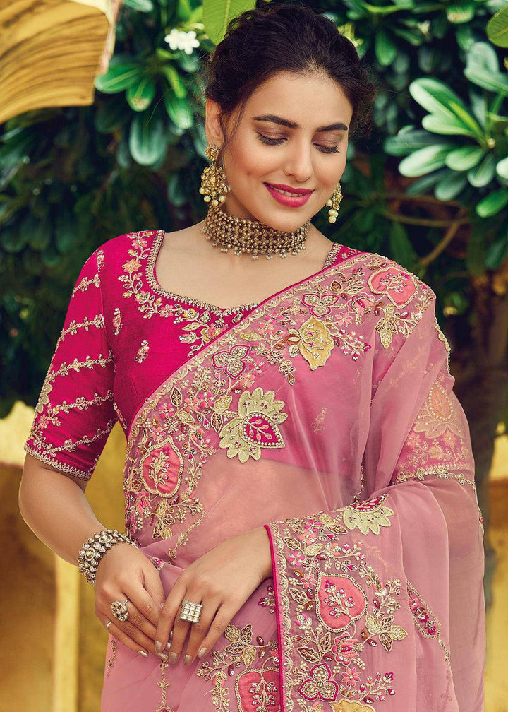 Thulian Pink Designer Organza Saree with Intricate Embroidery work | Stitched Blouse - qivii