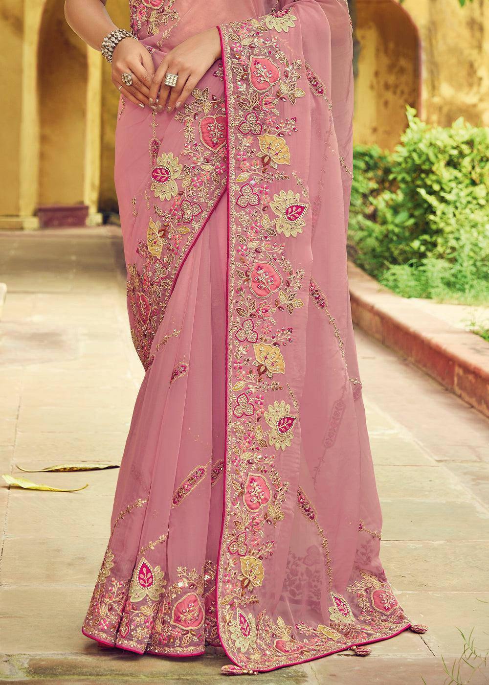 Thulian Pink Designer Organza Saree with Intricate Embroidery work | Stitched Blouse - qivii