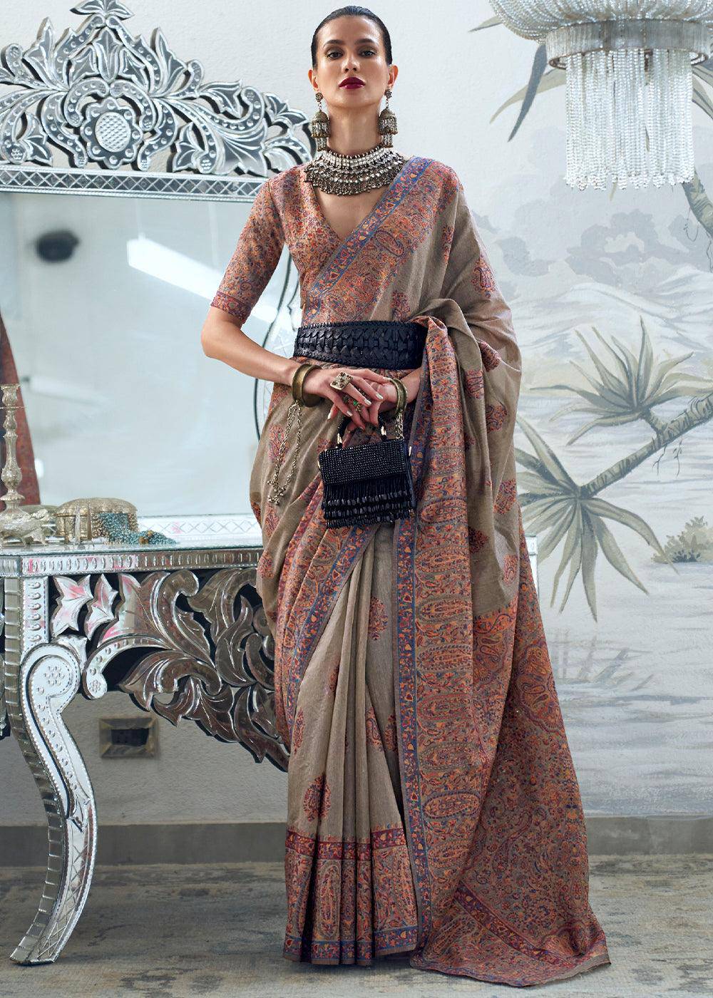 Thunder Grey Kashmiri Handloom Weaving Silk Saree | Stitched Blouse - qivii