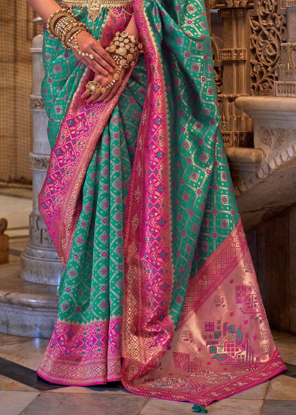 Tiffany Blue Banarasi Jacquard Silk Saree with Swarvoski work | Stitched Blouse - qivii