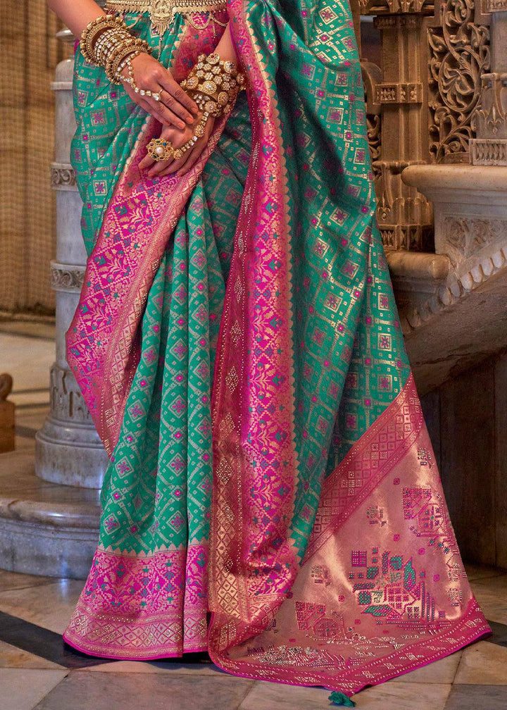 Tiffany Blue Banarasi Jacquard Silk Saree with Swarvoski work | Stitched Blouse - qivii