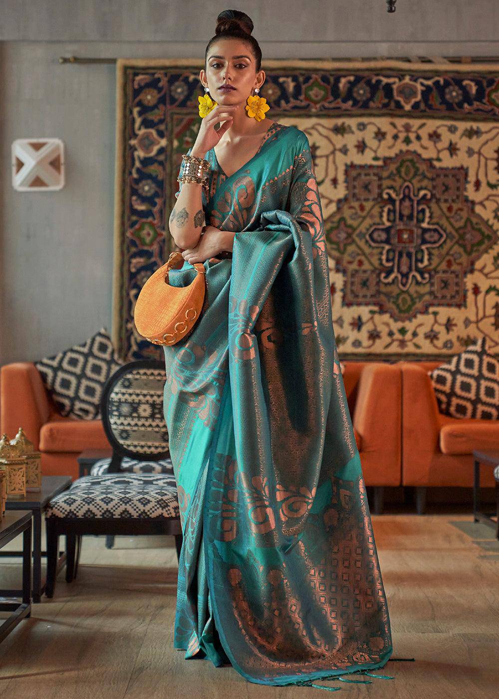 Tiffany Blue Copper Zari Handloom Weaving Silk Saree | Stitched Blouse - qivii