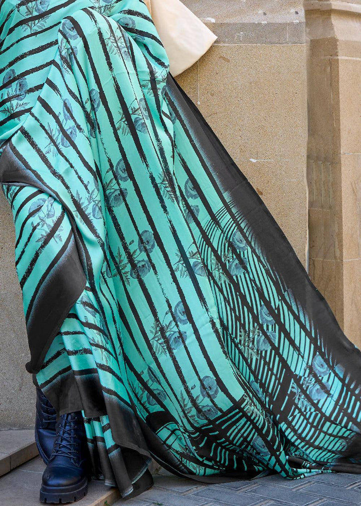 Tiffany Blue Designer Satin Crepe Printed Saree | Stitched Blouse - qivii