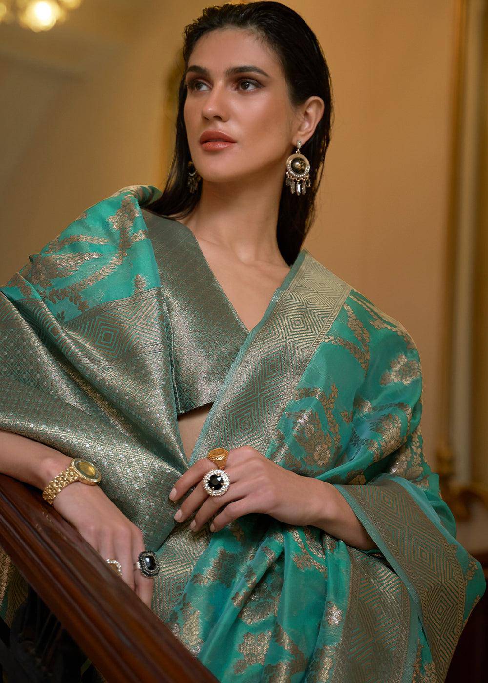 Tiffany Blue Green Two Tone Handloom Woven Organza Silk Saree | Stitched Blouse - qivii