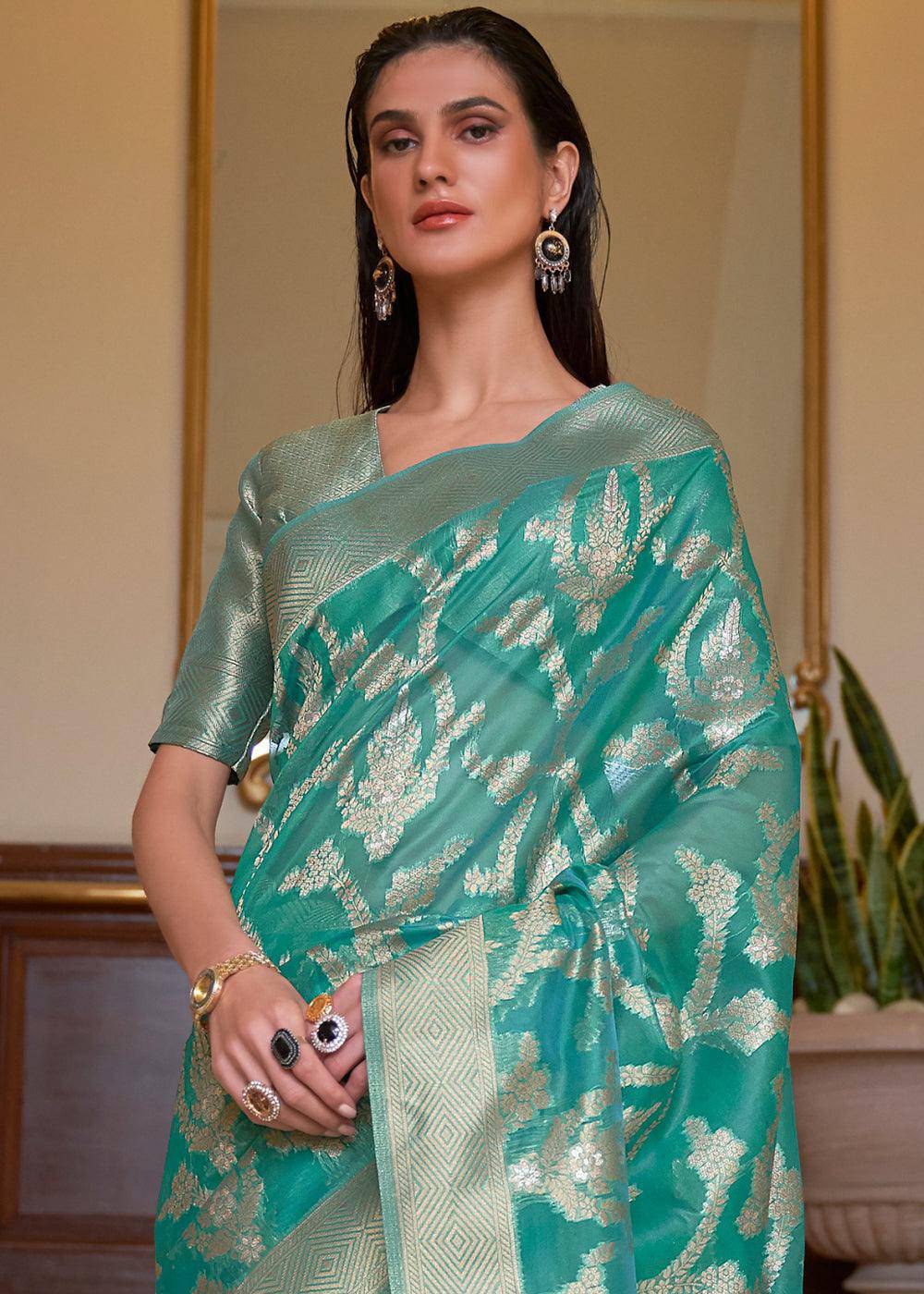 Tiffany Blue Green Two Tone Handloom Woven Organza Silk Saree | Stitched Blouse - qivii