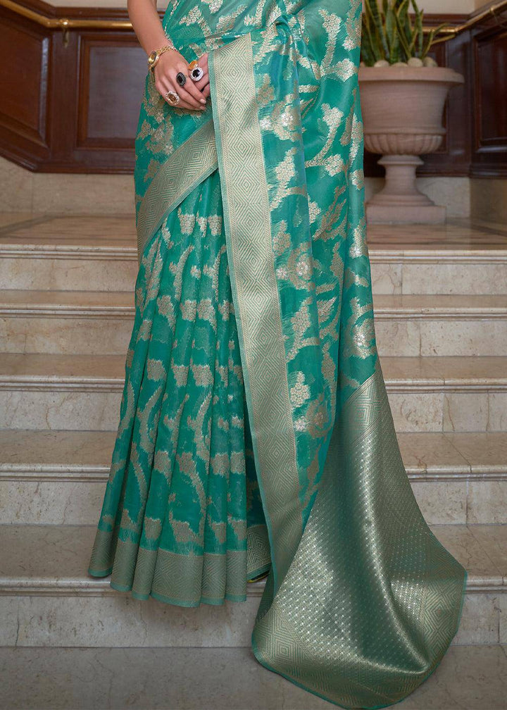 Tiffany Blue Green Two Tone Handloom Woven Organza Silk Saree | Stitched Blouse - qivii