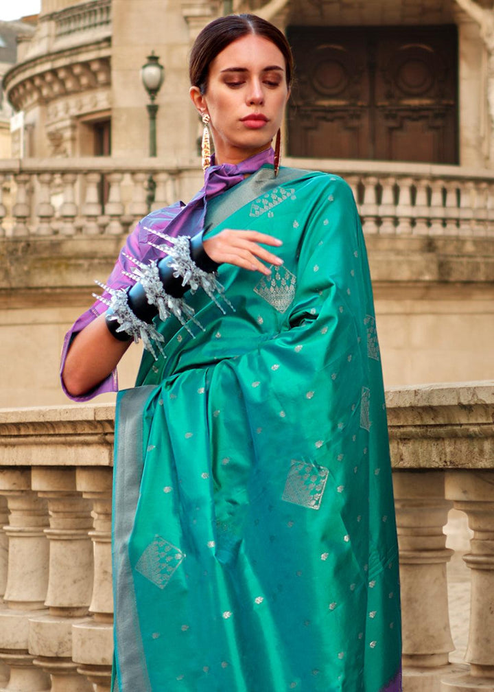 Tiffany Blue Handloom Woven Soft Silk Saree - qivii