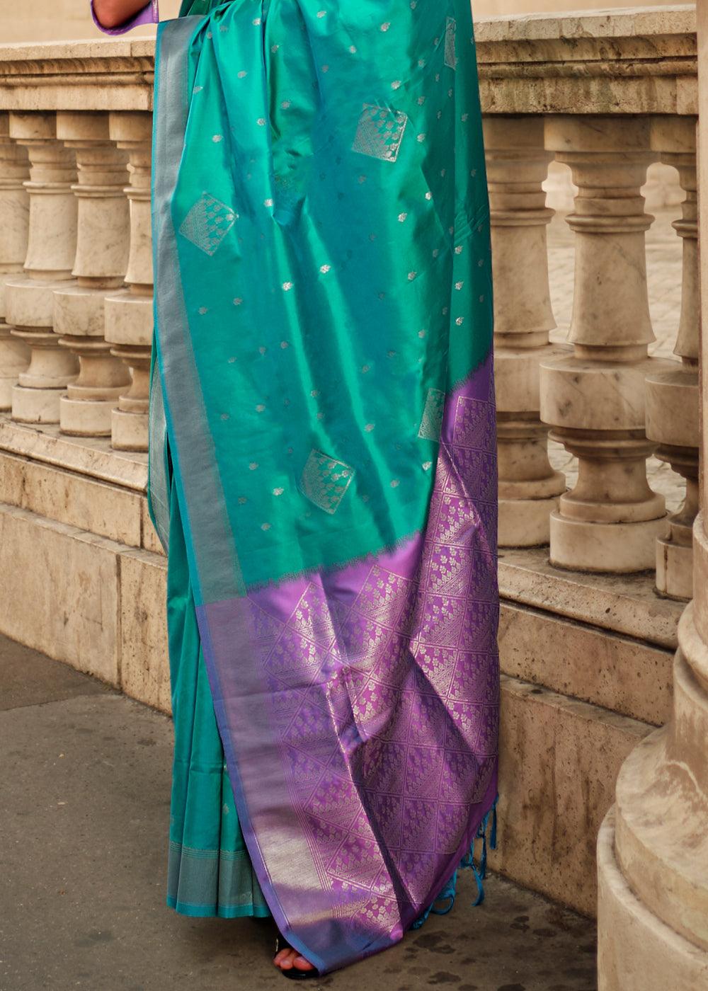 Tiffany Blue Handloom Woven Soft Silk Saree - qivii