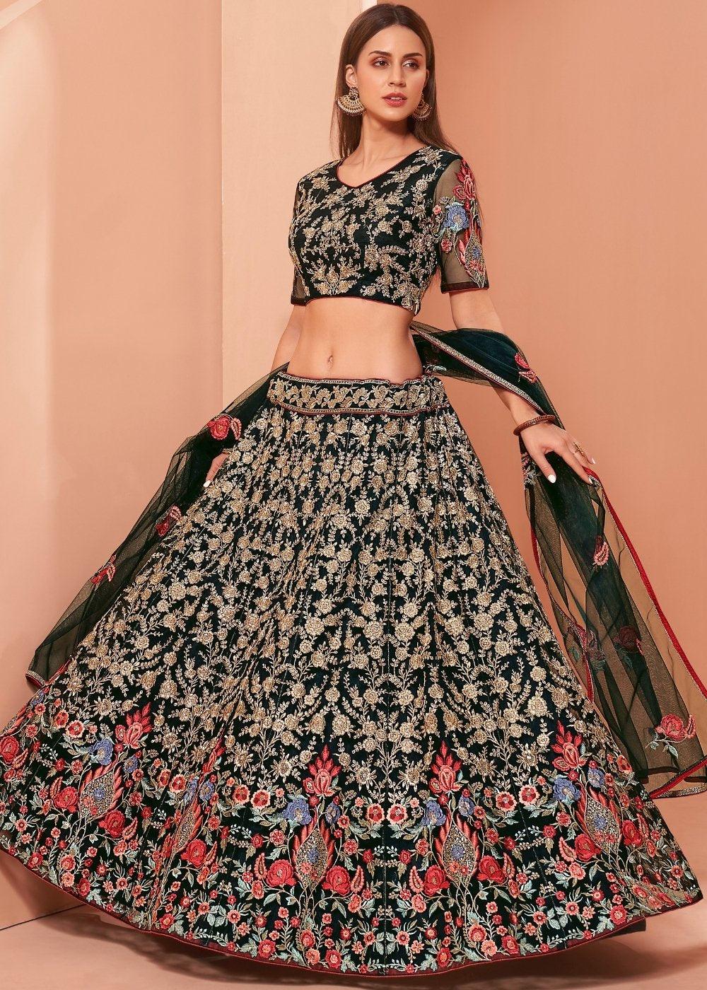 Timber Green Net Lehenga Choli with Thread, Zari & Sequence work: Wedding Edition - qivii