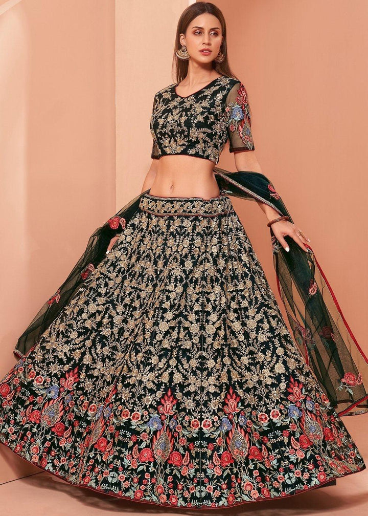 Timber Green Net Lehenga Choli with Thread, Zari & Sequence work: Wedding Edition - qivii