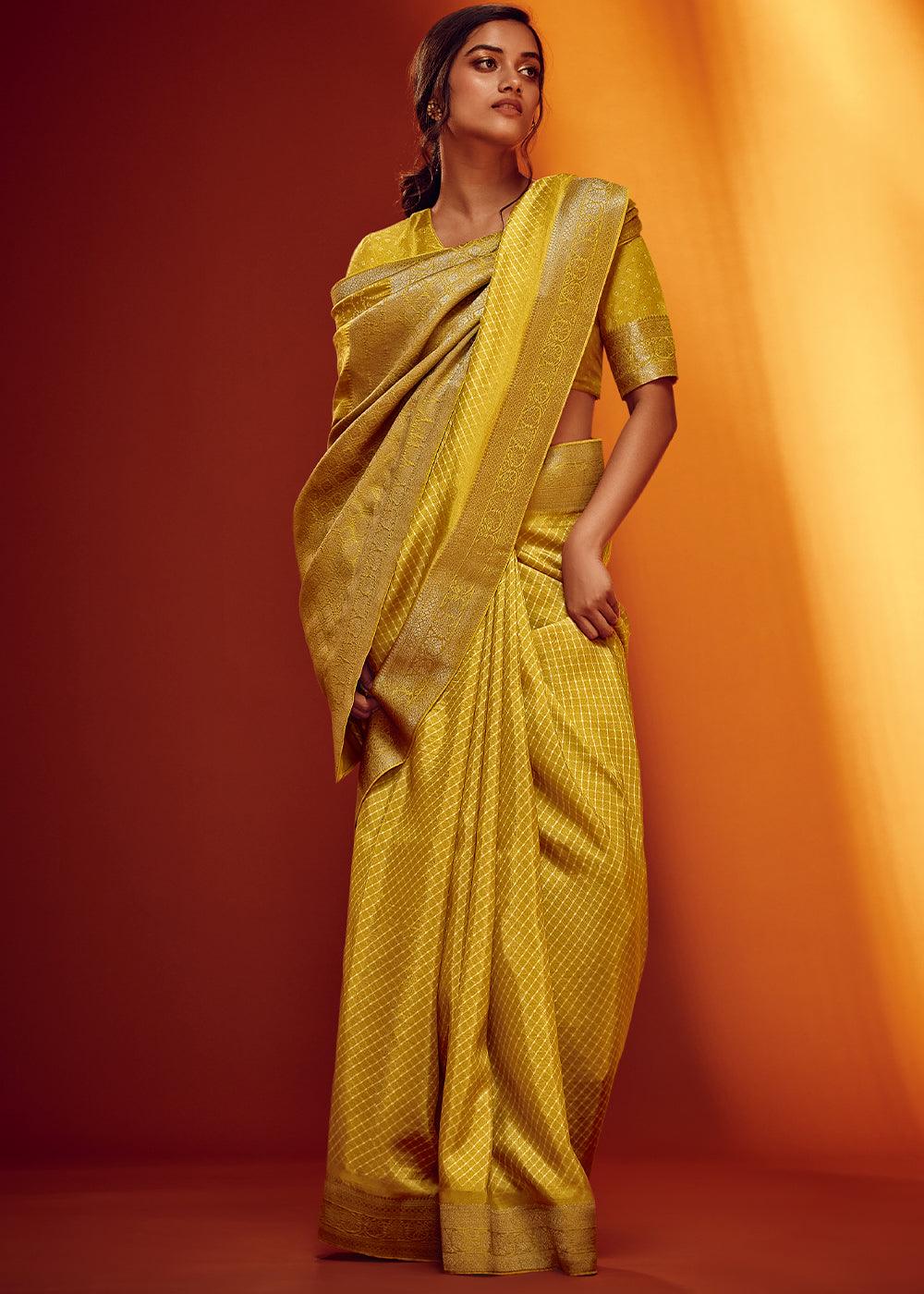 Titanium Yellow Bandhani Printed Woven Viscose Silk Saree - qivii