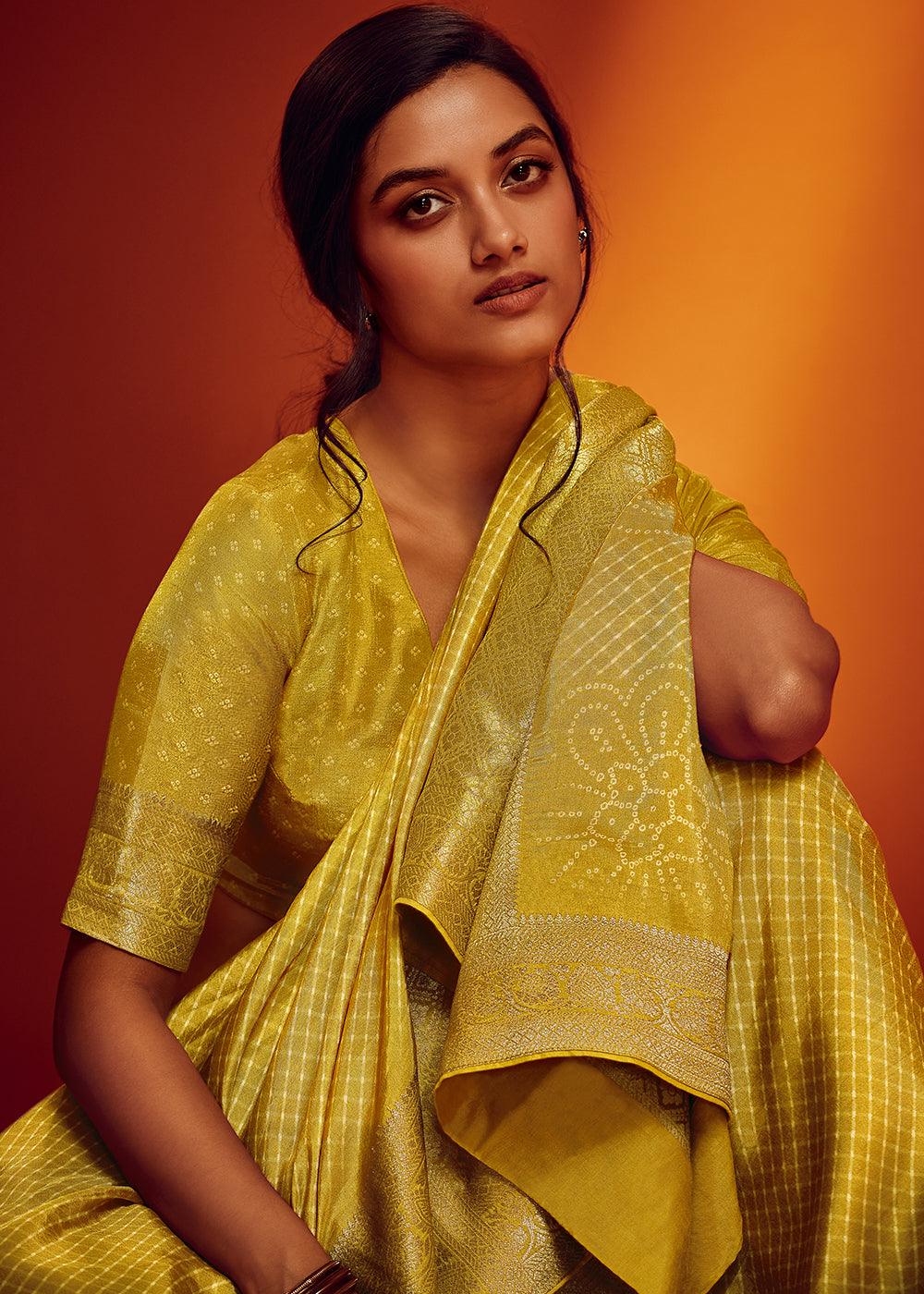 Titanium Yellow Bandhani Printed Woven Viscose Silk Saree - qivii