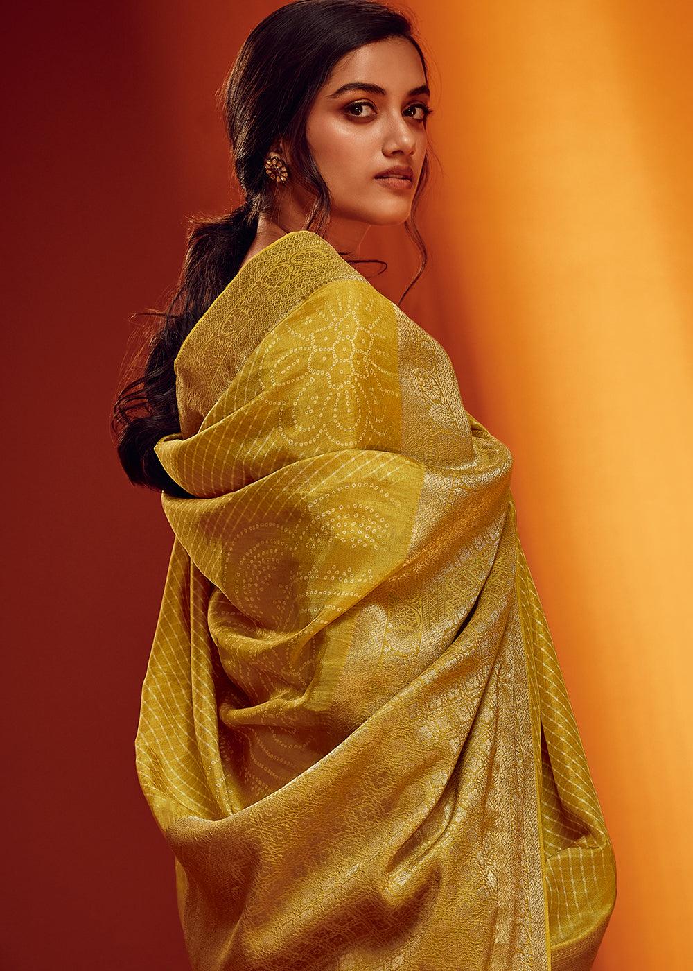 Titanium Yellow Bandhani Printed Woven Viscose Silk Saree - qivii