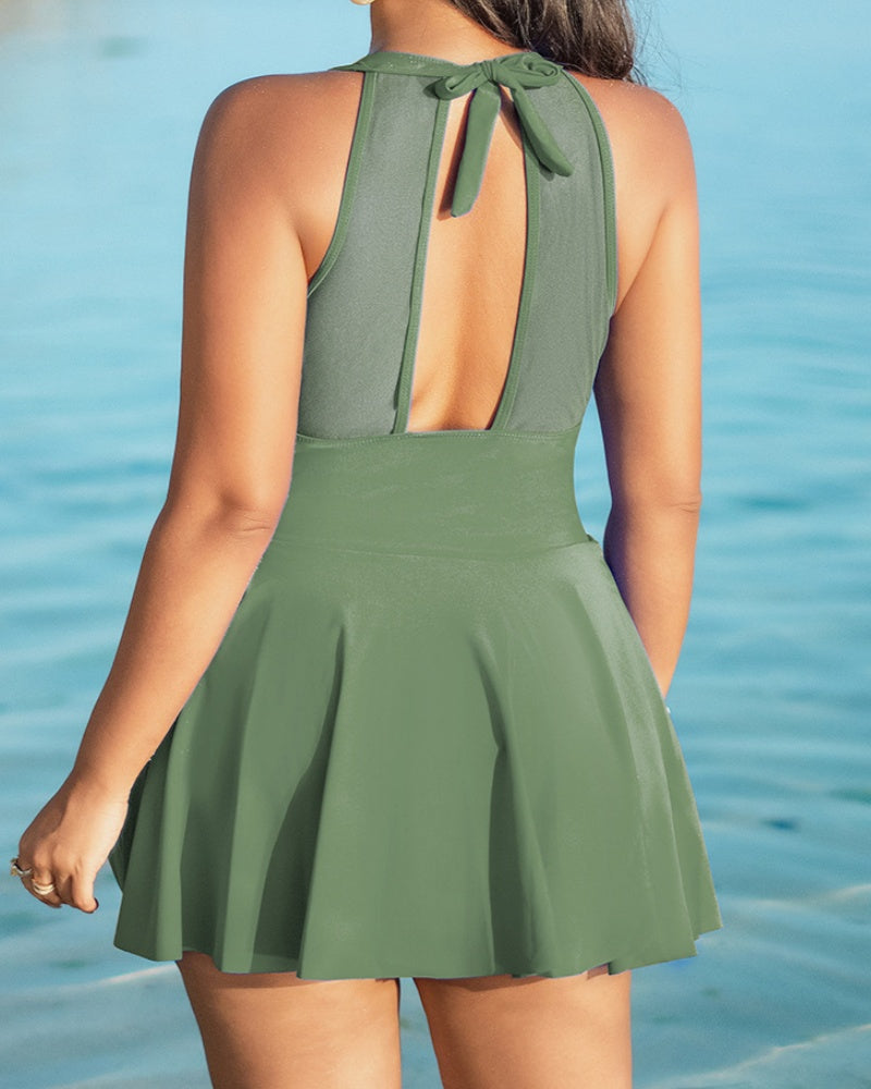 Large Size Halter Neck Mesh Panel Tummy Control Swimsuit with Side Bow  - By Qivii