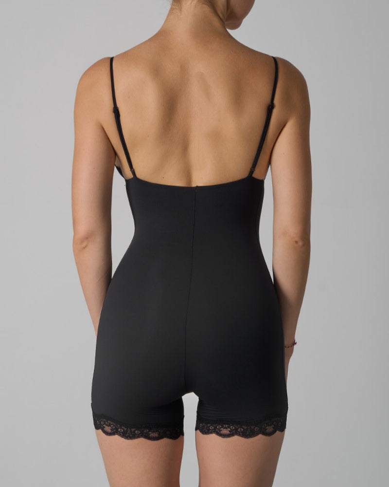 Triangle Cup Seamless Suspenders Shapewear Bodysuit With Lace Trim  - By Qivii