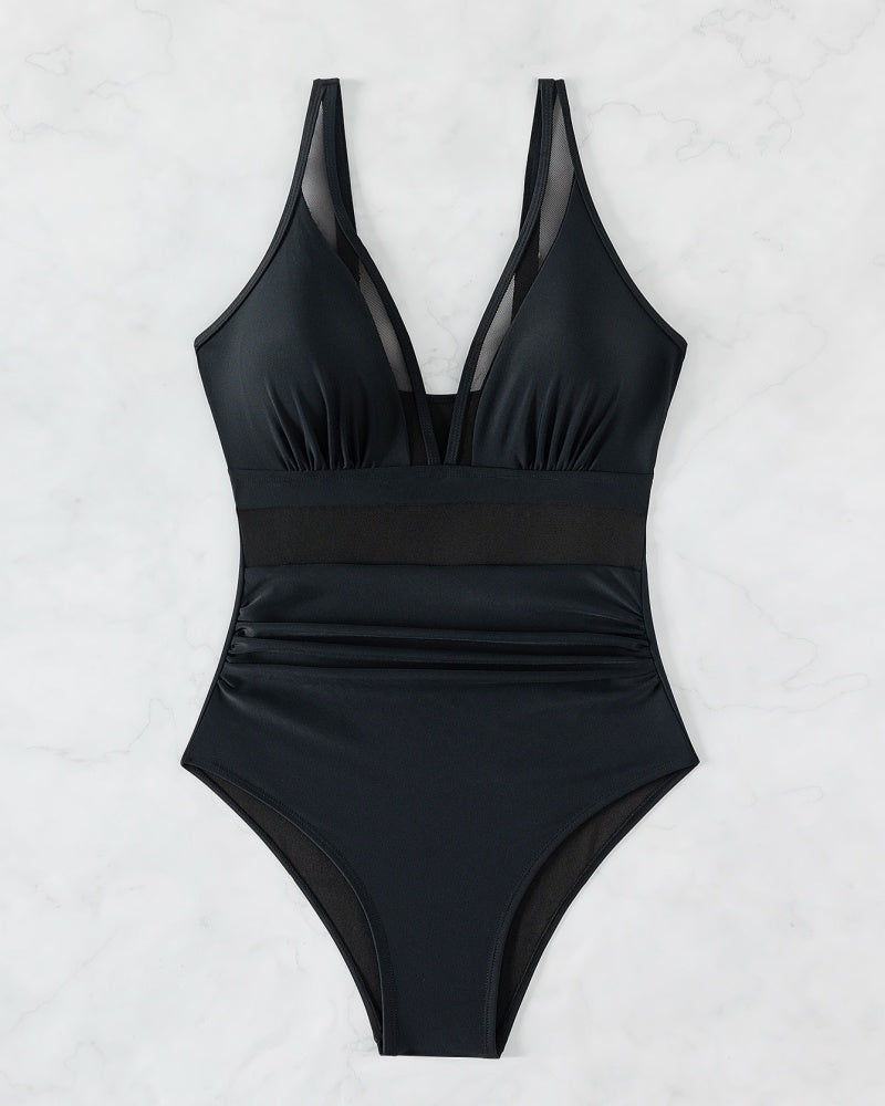 Sexy Deep V Mesh Backless One Piece Shapewear Swimsuit  - By Qivii
