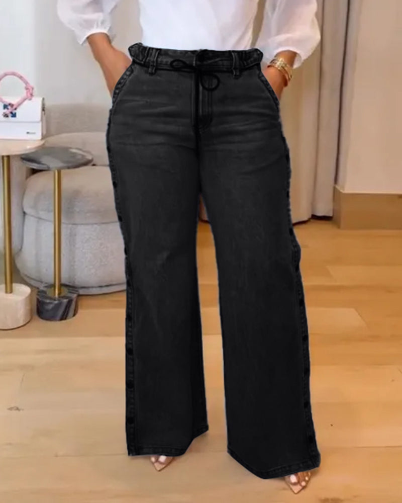 Shapshe® Straight Leg Wide Legs High Waist Baggy Side Snap Button Jeans  - By Qivii