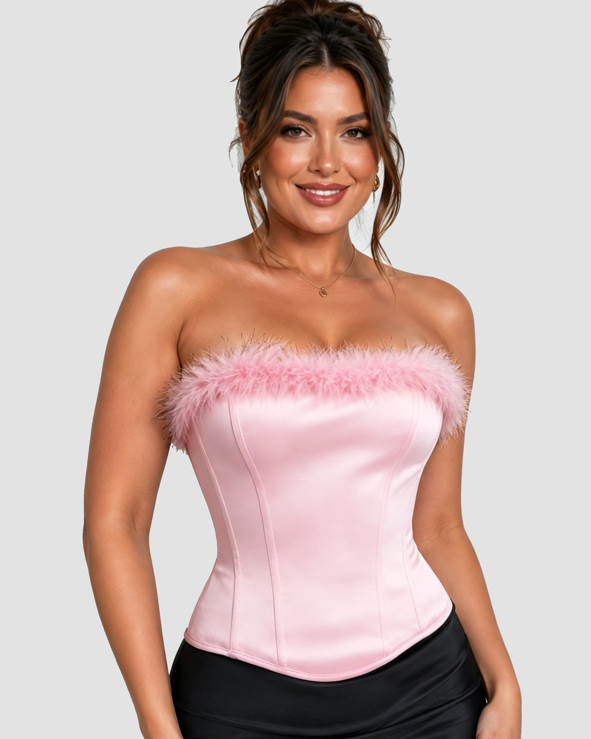 Black Velvet Feather Trim Strapless Corset Top with Lace Up Back