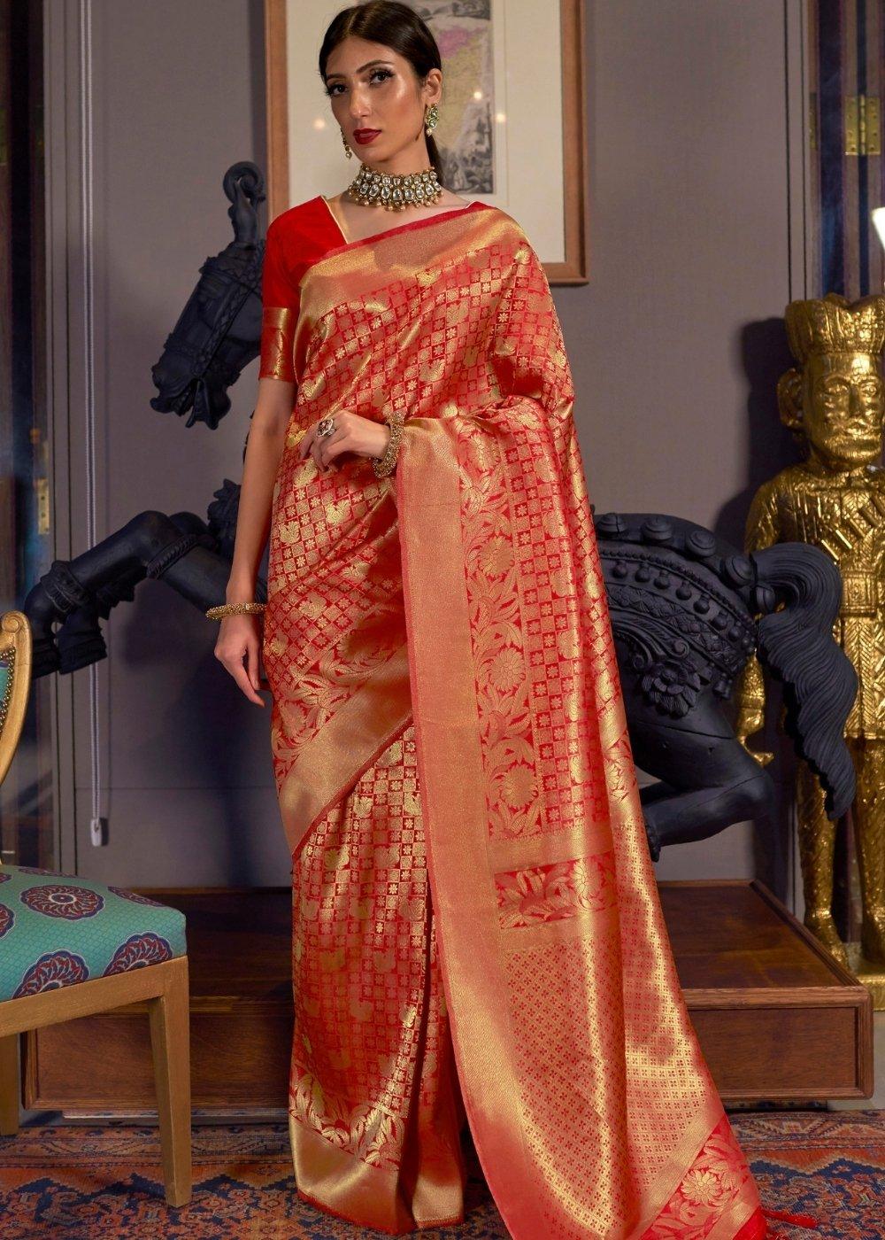 Tomato Red and Golden Blend Kanjivaram Soft Woven Silk Saree | Stitched Blouse - qivii