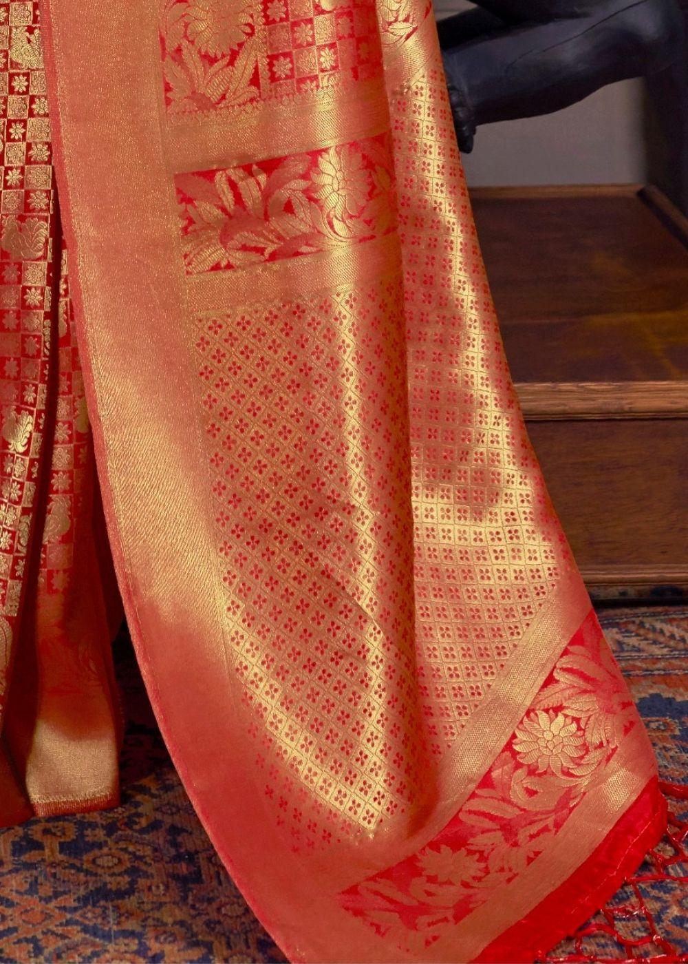 Tomato Red and Golden Blend Kanjivaram Soft Woven Silk Saree | Stitched Blouse - qivii