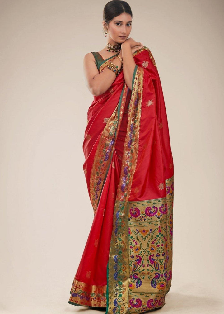 Tomato Red Woven Paithani Silk Saree | Stitched Blouse - qivii