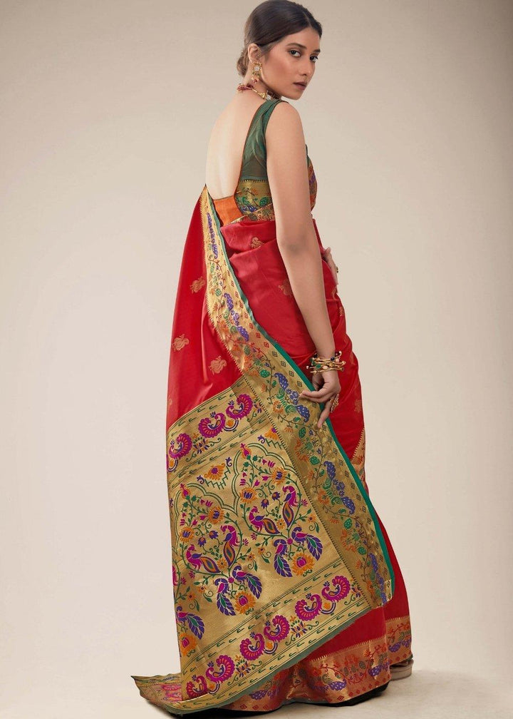 Tomato Red Woven Paithani Silk Saree | Stitched Blouse - qivii