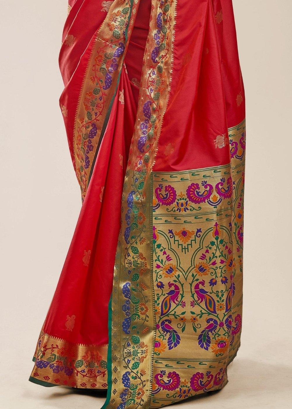 Tomato Red Woven Paithani Silk Saree | Stitched Blouse - qivii