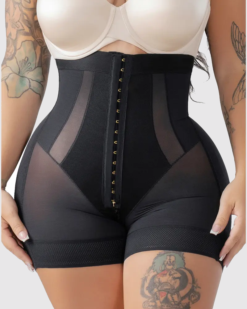 High Waist Hook Front Mesh Tummy Control Butt Lifting Shaping Shorts