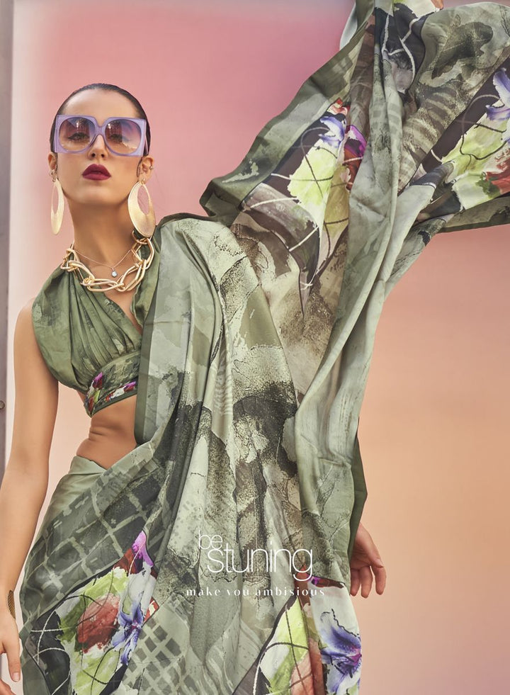 Flax Smoke Green Digital Printed Satin Silk Saree