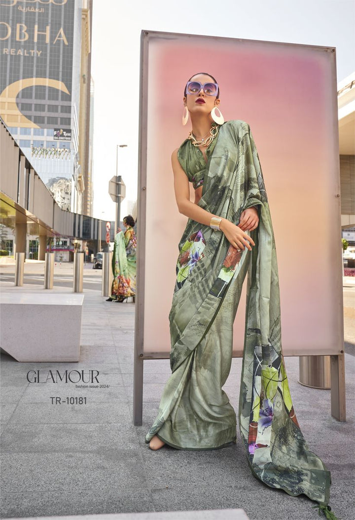 Flax Smoke Green Digital Printed Satin Silk Saree