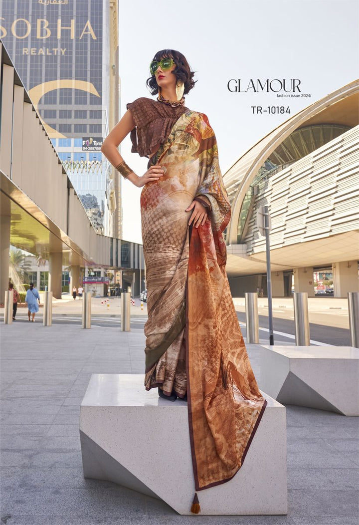 Rust Digital Printed Satin Silk Saree