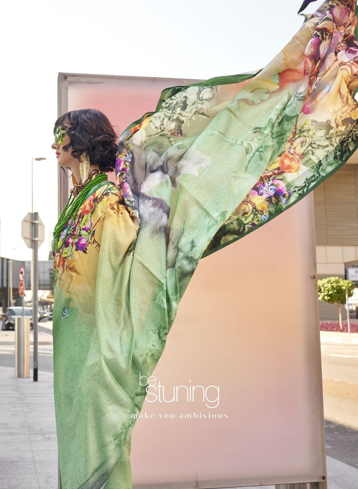 Sea Green Digital Printed Satin Silk Saree