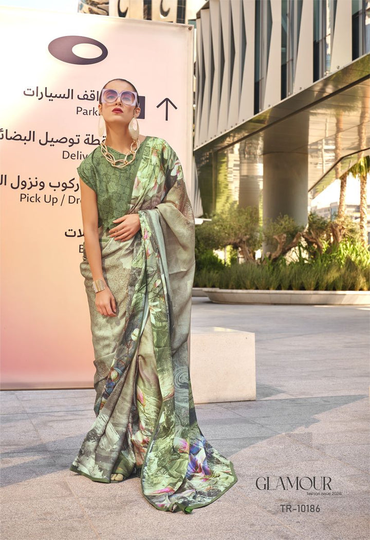 Green Digital Printed Satin Silk Saree