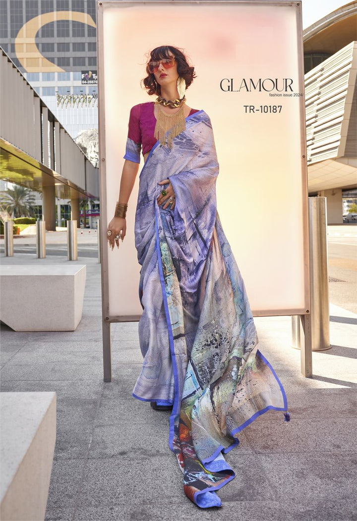 Blue Digital Printed Satin Silk Saree