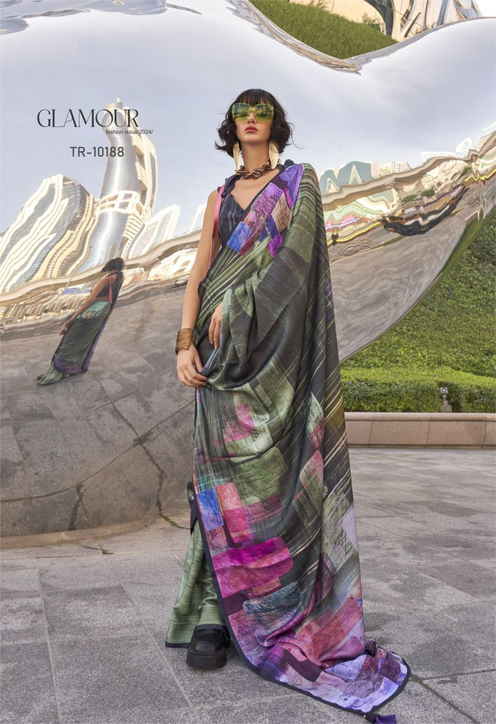 Green Digital Printed Satin Silk Saree