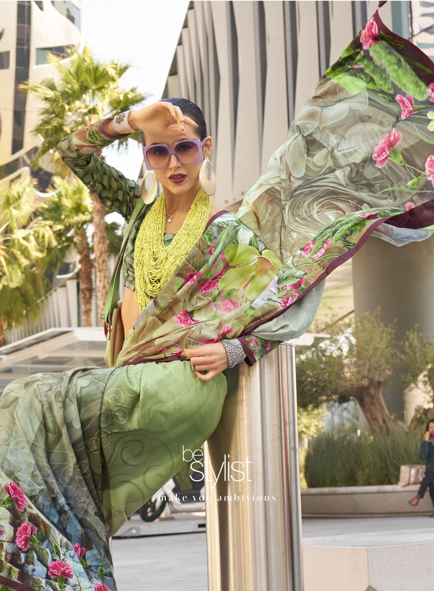 Beautiful green digital printed satin silk saree with intricate designs and elegant drape