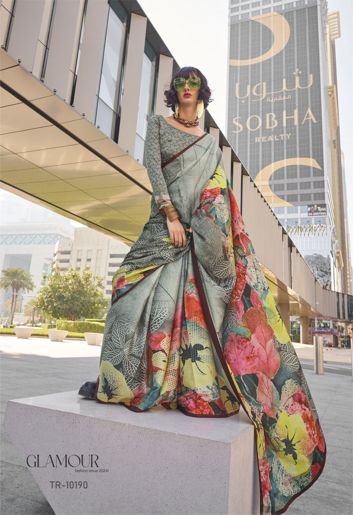 Smoke Grey Digital Printed Satin Silk Saree