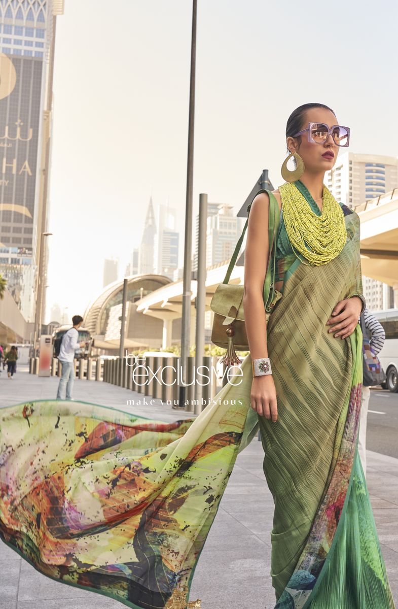 Olive Green Digital Printed Satin Silk Saree