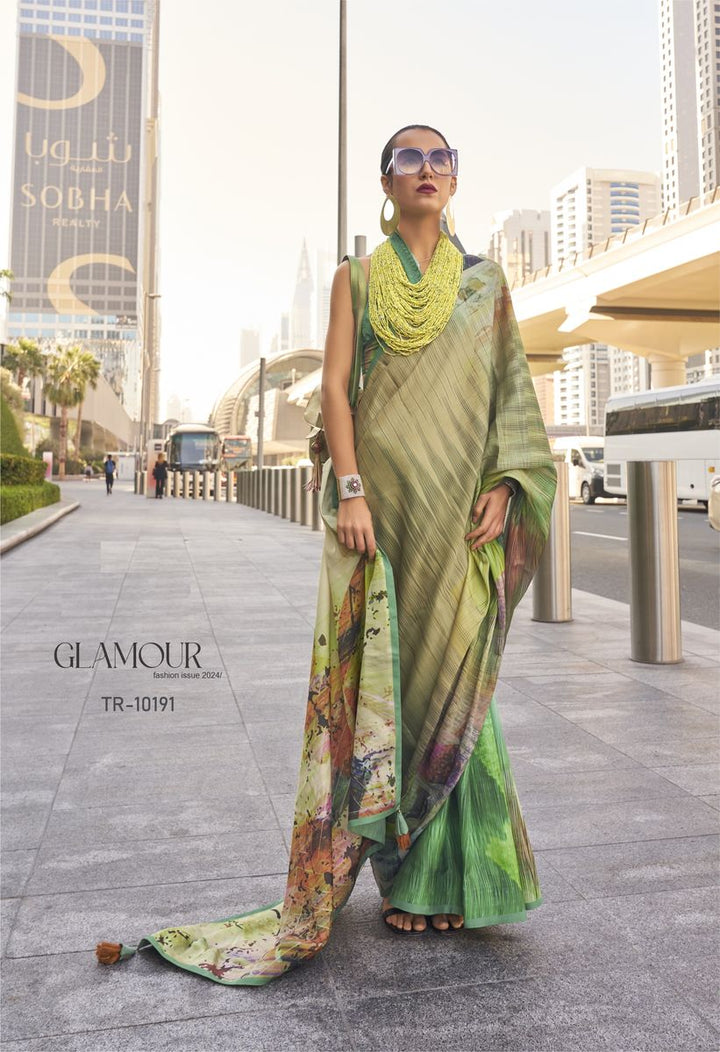 Olive Green Digital Printed Satin Silk Saree