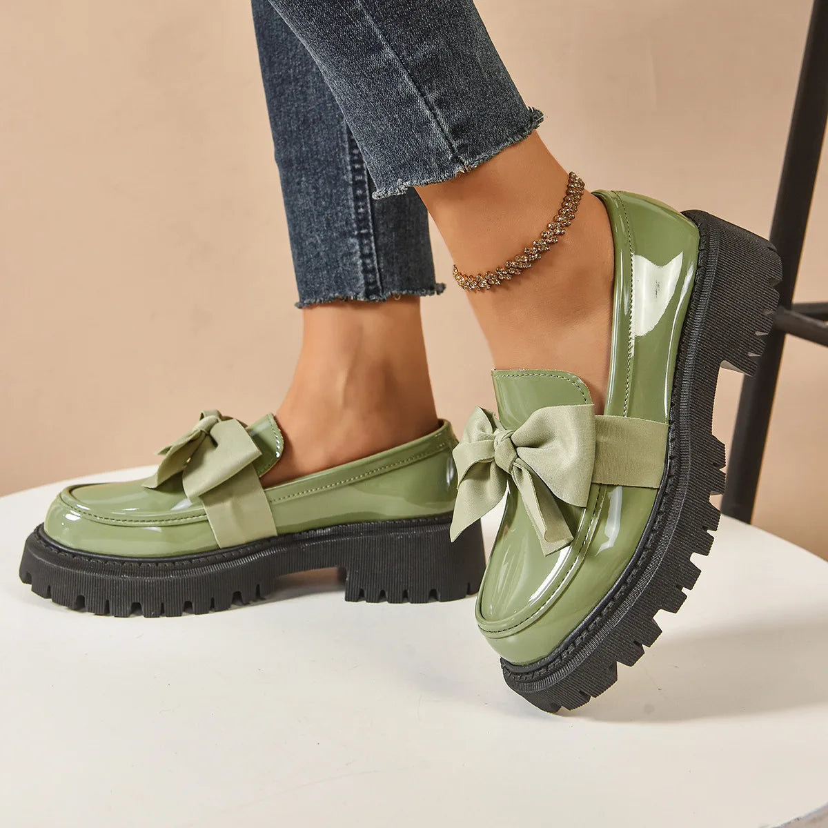 Green Traci women's orthopedic bow-tie loafers by Hudson Ridge, stylish and comfortable footwear for women.