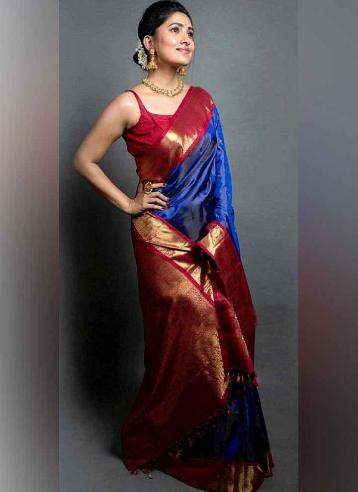 Traditional Look Blue Color Art Silk Base Wedding Wear Saree With Contrast Blouse  - By Kreeva