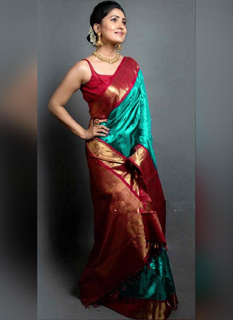 Traditional Look Turquoise Color Art Silk Base Wedding Wear Saree With Contrast Blouse  - By Kreeva