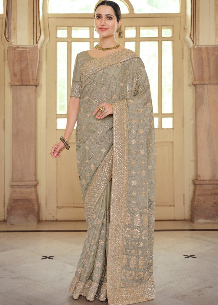 Trout Grey Designer Satin Georgette Saree with Gota & Resham work | Stitched Blouse - qivii