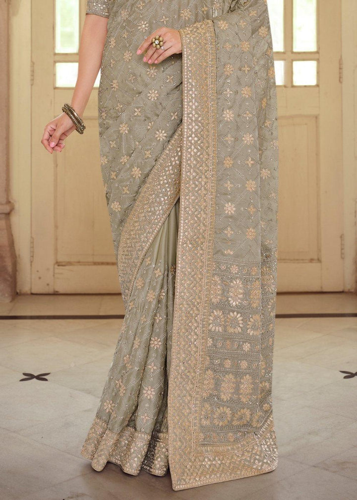 Trout Grey Designer Satin Georgette Saree with Gota & Resham work | Stitched Blouse - qivii