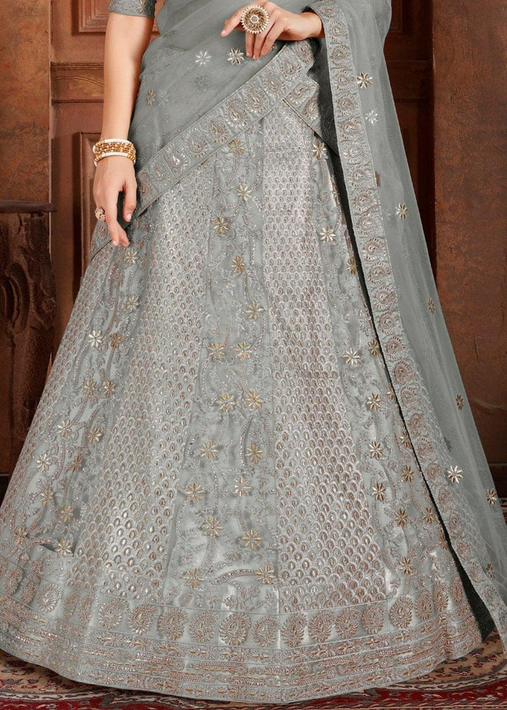 Trout Grey Soft Net Lehenga Choli with Thread,Zari, Zarkan & Pearl work - qivii