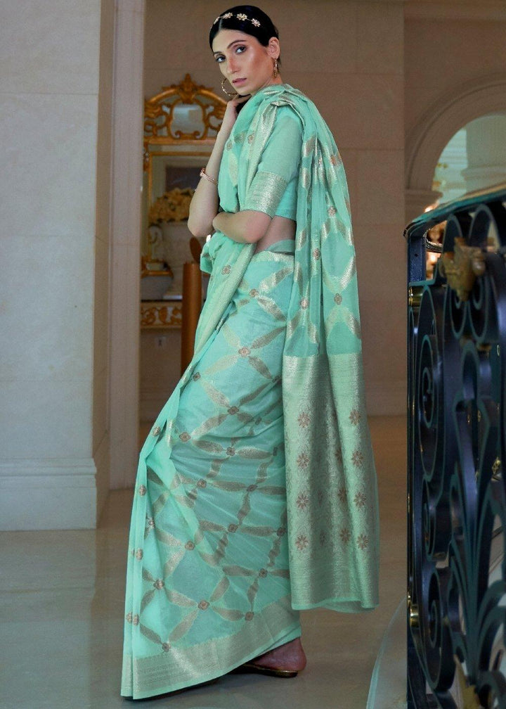 Turquoise Blue Banarasi-Chanderi Fusion Woven Silk Saree | Stitched Blouse - qivii